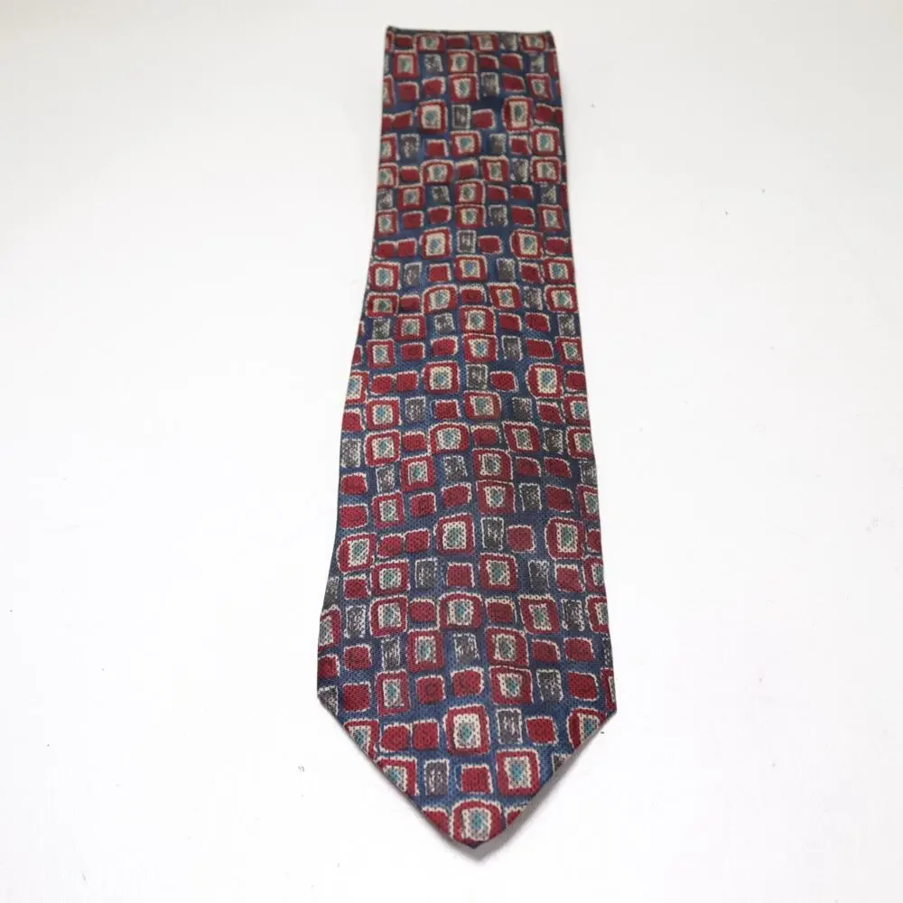 Vtg Bert Pulitzer Tie Mens 54 in Silk Red Blue Multicolor Abstract Checker Wide
